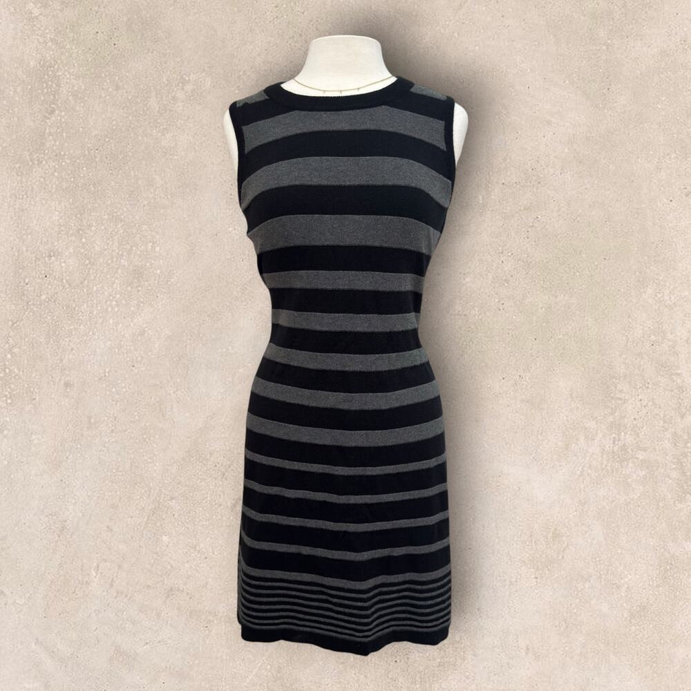 Evan-Picone Striped Sweater Dress Black Grey Sleeveless